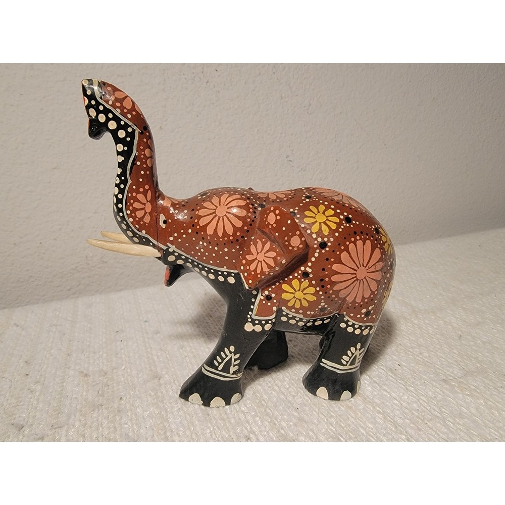 Colorful Folk Art Carved Wood Elephant Figurine 4.5" Hand Painted Trunk‎ Up